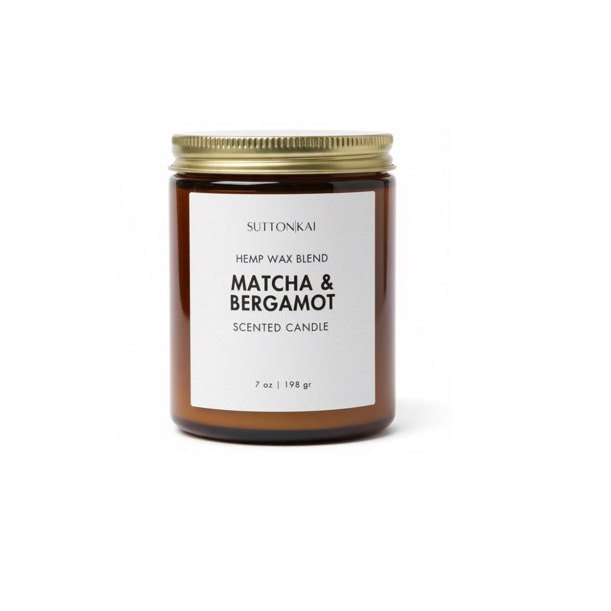 Candle jar labeled 'Matcha & Bergamot' on a white background