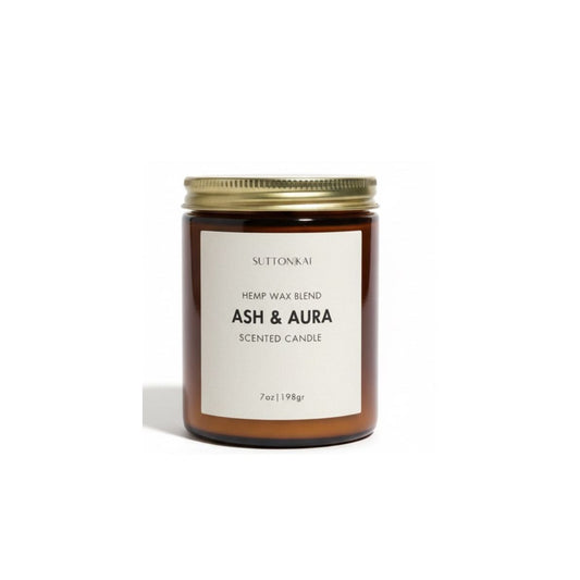 candle jar with Ash and Aura on a white background