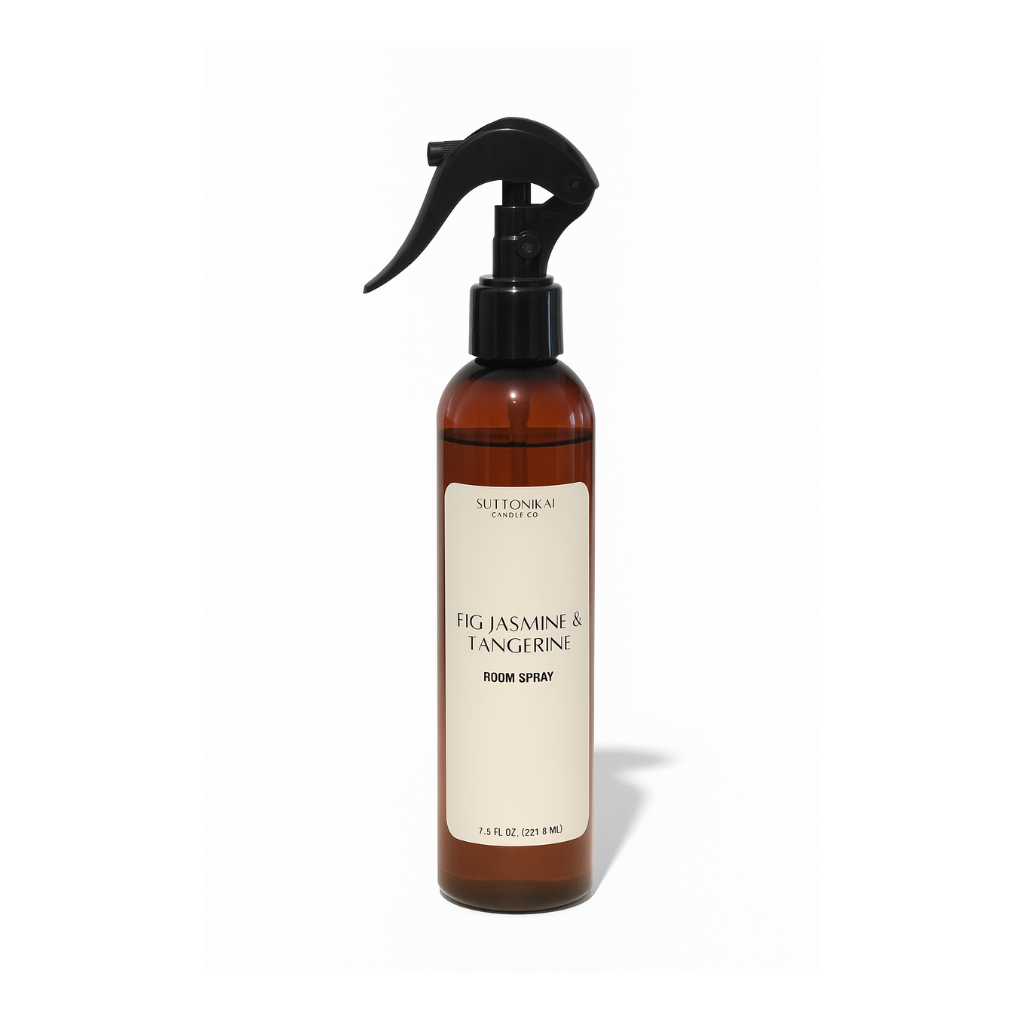 Brown spray bottle with a label on a white background