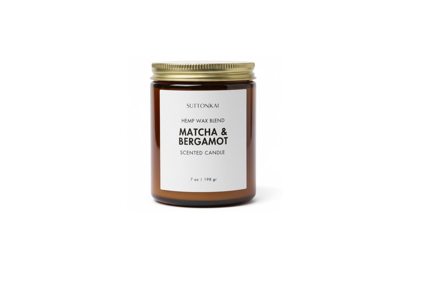 Candle jar labeled 'Matcha & Bergamot' on a white background
