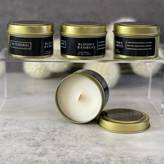 Buddha Bamboo Soy Candle  | 4oz Gold Travel Tin Soy Candle