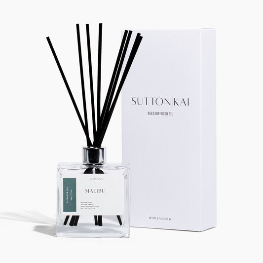 Sutton Kai diffuser with reeds and packaging on a white background
