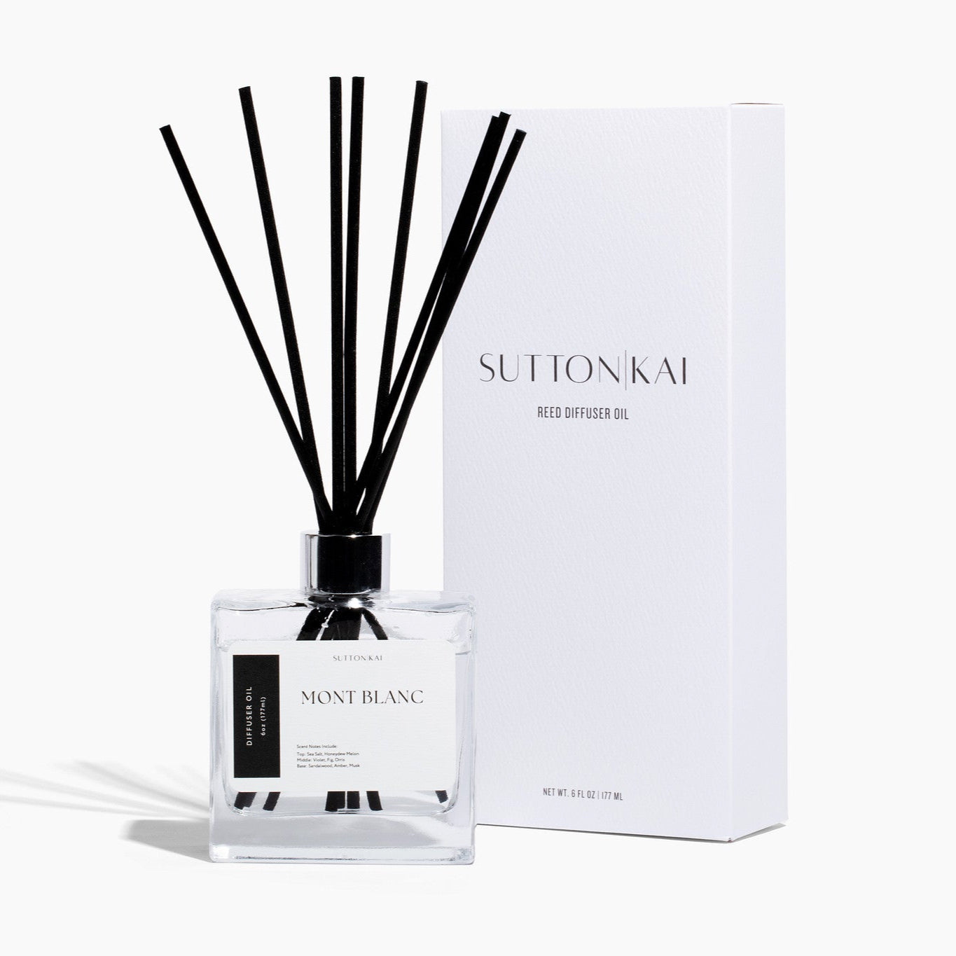 Suttonkai diffuser bottle with sticks and packaging on a white background