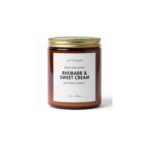 Candle jar with Rhubarb and Sweet Cream on a white background