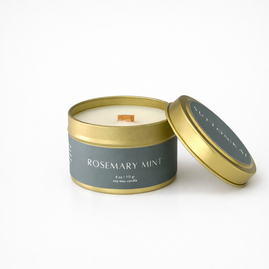 Rosemary & Mint Wooden Wick Candle | Fresh Herbaceous Scent in a tin with a gold lid on a white background 