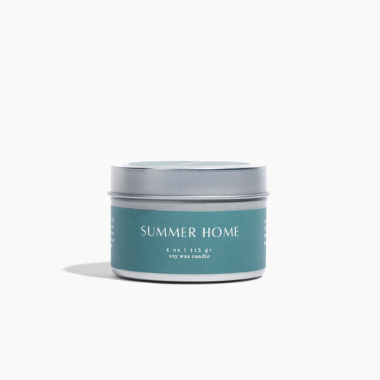 Candle jar labeled 'Summer Home' on a white background