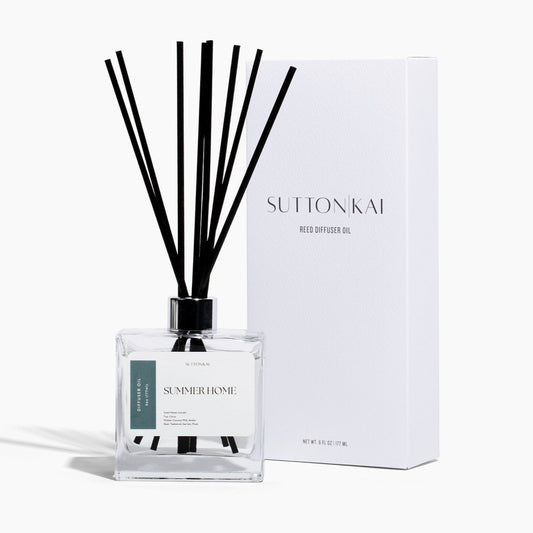 Sutton Kai diffuser bottle with black reeds and packaging on a white background