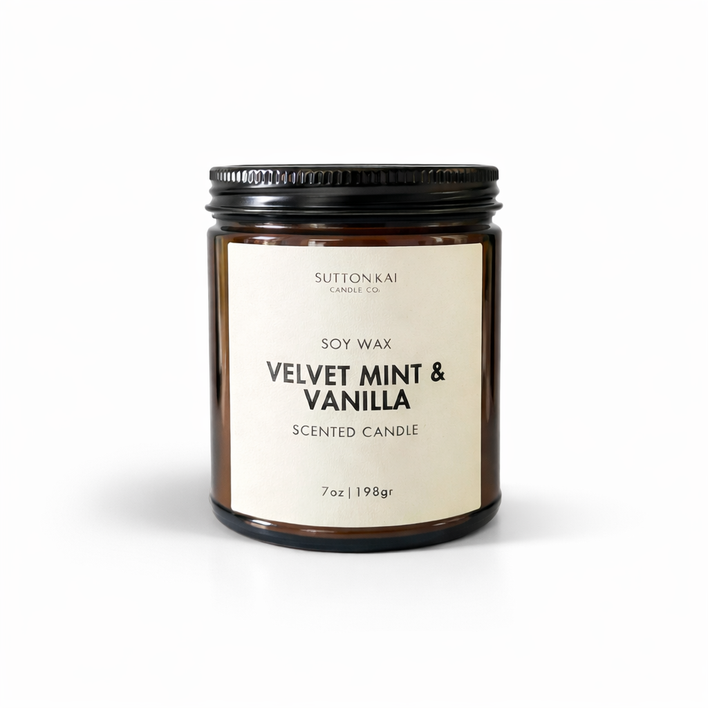 Scented candle with 'Velvet Mint & Vanilla' fragrance on a white background
