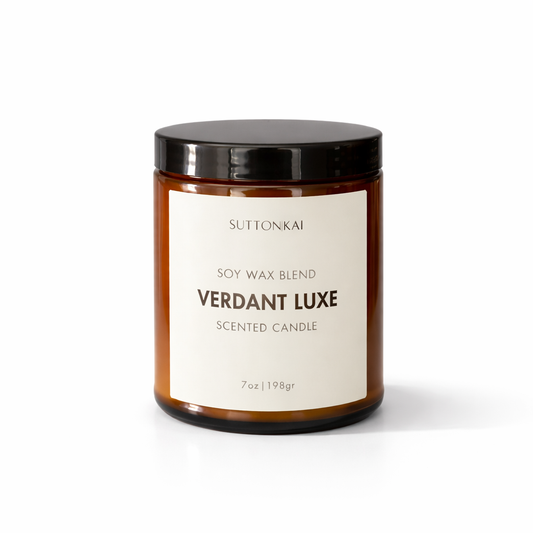 Scented candle labeled 'Verdant Luxe' by Suttonkai on a white background